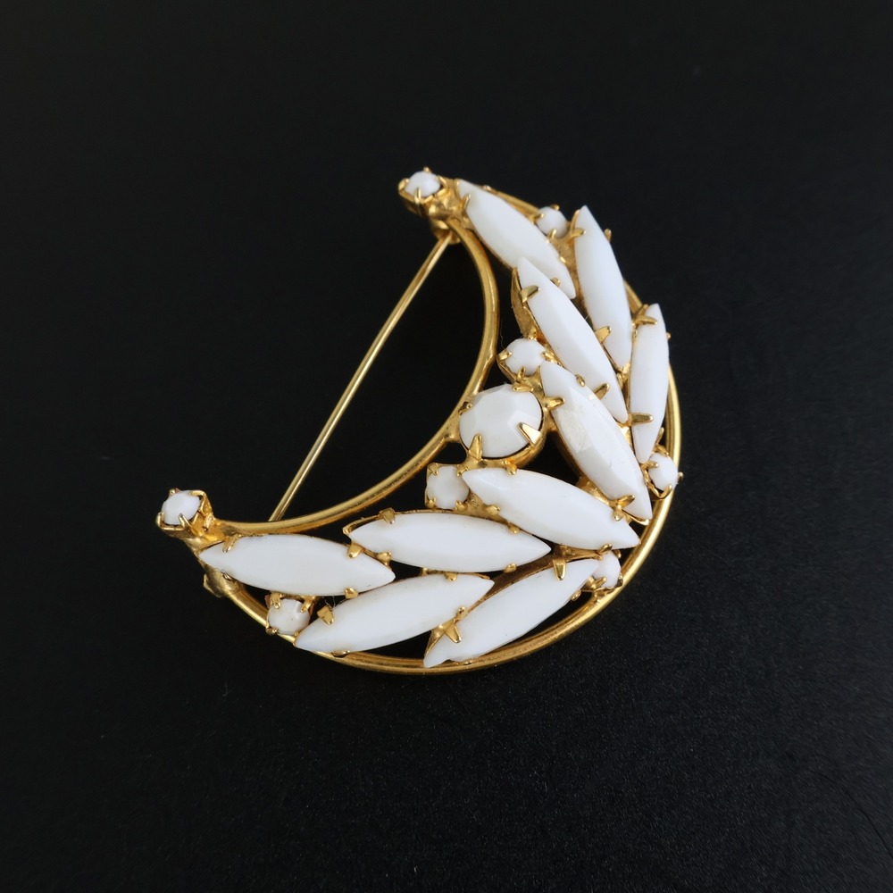 Vintage White Milk Glass Crescent Moon Brooch Gold Tone Celestial Pin Marquise